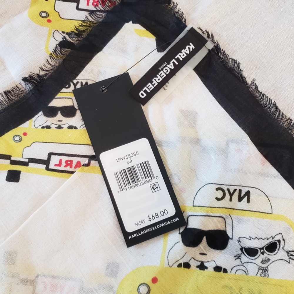 NWT Karl Lagerfeld Ikonik Print Silk Modal Large Square Frayed Edges Black Scarf - Picture 5 of 15